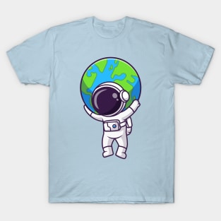 Cute Astronaut Bring Earth In Space Cartoon T-Shirt